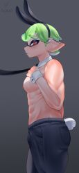 1boy 2022 abs bunny_boy bunny_ears bunny_ears_(cosmetic) bunny_tail collar inkling inkling_boy inklingloe leash male male_only nipples pants partially_clothed side_view splatoon topless