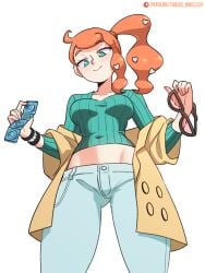 1girls alternate_version_available belly big_breasts blue_eyes breasts cameltoe clothed clothing coat condom condoms cropped_shirt female female_focus female_only fully_clothed ginger ginger_hair glasses hourglass_figure imminent_sex light-skinned_female light_skin low-angle_view nintendo orange_hair pants pokemon pokemon_ss ponytail smile smiling_at_viewer smug solo solo_female solo_focus sonia_(pokemon) sweater tagme thick_thighs thighs tobias_wheller trenchcoat