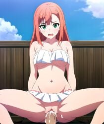 ai_generated bikini faceless_male girl_on_top green_eyes long_hair medium_breasts natsukawa_aika orange_hair pov pussy sex skirt_up tagme vaginal vaginal_penetration vaginal_sex yumemiru_danshi_wa_genjitsushugisha