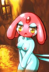 anthro big_eyes blush covering_crotch generation_4_pokemon legendary_pokémon looking_at_viewer mesprit nipples open_mouth pokémon_(species) pokemon small_breasts tokemaru