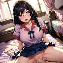 ai_generated black_hair censored clothed_female_nude_male cowgirl_position glasses hanekawa_tsubasa monogatari_(series) nipples_visible_through_clothing purple_eyes round_glasses vendettareset