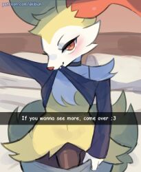 akibun anthro bed bedroom bottomwear bottomwear_down braixen clothed clothing femboy fur furniture generation_6_pokemon genitals girly inner_ear_fluff inside male male_braixen male_only nintendo pants pants_down partially_clothed penis penis_base pillow pokemon pokemon_(species) raised_clothing raised_topwear seductive shirt_in_mouth shirt_up snapchat solo tagme topwear tuft undressing yellow_body yellow_fur