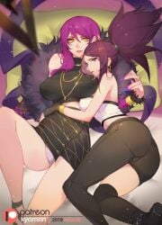 2d 2girls akali_jhomen_tethi brown_hair clothing evelynn female female_only high-angle_view huge_breasts k/da_akali k/da_evelynn k/da_series kyomon league_of_legends light-skinned_female looking_at_viewer looking_back medium_breasts multiple_girls necklace panties purple_hair riot_games thick thick_ass thick_thighs tied_hair tight_clothing