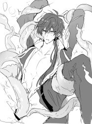 blush drooling genshin_impact greyscale hi_res highres male male_focus male_only monochrome ruu_gi solo_focus spread_legs tentacle tentacles_on_male zhongli_(genshin_impact)