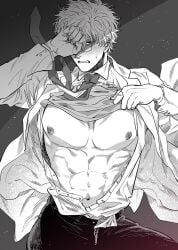 abs big_pecs blush class_3-z covering_face covering_self embarrassed gintama gintoki_sakata glasses labcoat looking_at_viewer male male_only monochrome muscular muscular_male necktie o_jaksal official_alternate_costume open_shirt shirt_lift solo sweatdrop teacher unbuttoned unbuttoned_shirt