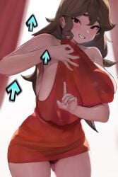 1girls arrow_(symbol) breasts brown_hair dress female friday_night_funkin girlfriend girlfriend_(friday_night_funkin) gottem huge_breasts light-skinned_female light_skin long_hair massive_breasts newgrounds nipples red_dress sex_gesture sideboob smewed video_games