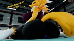 3d_(artwork) anthro asriren ass bandai_namco big_ass big_breasts big_butt black_sclera blue_eyes breasts butt_crush canid canine digimon digimon_(species) digital_media_(artwork) facesitting female fox fox_ears fox_tail fur huge_ass huge_butt impmon larger_female macro male mammal micro renamon renamon_(digimon) renamon_(warfaremchine) size_difference smaller_male tail text thick_thighs white_body white_fur yellow_body yellow_fur