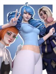 2023 3girls ben_10 blue_eyes blue_hair cartoon_network clothing_swap cosplay crossover crossplay eyebrow_piercing female female_only green_eyes gwen_(league_of_legends) gwen_(league_of_legends)_(cosplay) gwen_stacy gwen_stacy_(spider-verse) gwen_tennyson heart heterochromia human league_of_legends league_of_legends:_wild_rift light-skinned_female light_skin looking_at_viewer marvel marvel_comics medium_breasts multicolored_hair multiple_girls name_connection outfit_swap pale-skinned_female pale_skin peace_sign popogori red_hair riot_games spider-gwen_(cosplay) tagme trait_connection wearing_others_clothes