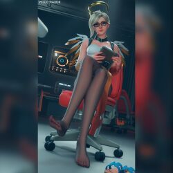 3d blonde_hair foot_fetish glasses looking_at_viewer lowres mercy overwatch overwatch_2 pantyhose velocihaxor