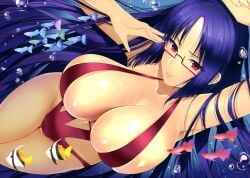 1girls bare_arms bare_legs bare_midriff bare_shoulders bare_thighs belly_button big_breasts bubble bubbles cleavage female female_only fish glasses inner_sideboob long_hair midriff navel overboob pink_eyes pink_sling_bikini purple_hair red_glasses reflection reflections ridget_(suisei_no_gargantia) sideboob sling_bikini sling_swimsuit slingshot_bikini slingshot_swimsuit solo suisei_no_gargantia swimming thick_thighs underboob underwater