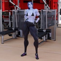 1girls 3d abs amelie_lacroix ass big_ass big_breasts bikini_top blizzard_entertainment bra female female_only fit fit_female gym looking_at_viewer muscular_arms muscular_thighs overwatch overwatch_2 purple_skin solo tattoo thick_thighs tights vonsvaigen wide_hips widowmaker yellow_eyes