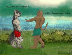 anthro beardeddoggo bodily_fluids bottomwear clothing duo felid feline genital_fluids hi_res lake male male/male mammal nature nature_background outdoor_pee outdoors pawpads peeing peeing_in_bush shirtless shorts stripped_hyena text urinating urinating_male urination urine watersports