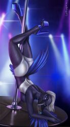 absurd_res anthro ass avian bird breasts catpumpkin clothing corvid corvus_(genus) crow dancing female footwear hi_res high_heels magpie_(corvid) nipples nude oscine passerine pole solo stripper stripper_pole upside-down