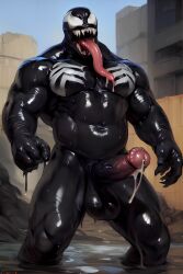 ai_generated chubby cum cum_drip horsecock huge_cock long_tongue male male_only marvel marvel_comics muscular muscular_male penis santarvengar solo_male spider-man_(series) stable_diffusion symbiote venom venom_(marvel)