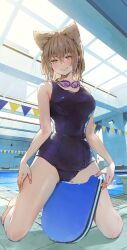 1girls blonde_hair blush breasts cameltoe earbuds earphones goggles goggles_around_neck indoors large_breasts looking_at_viewer one-piece_swimsuit pointy_hair pool seductive short_hair smile solo straddling swimsuit syuri22 tattoo thighs touhou toyosatomimi_no_miko wet yellow_eyes