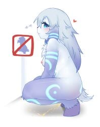 blue_eyes blue_fur blue_hair blue_markings blush blush body_fur breasts crouching female furry furry_female goat_ears grey_hair heart hooves kindred lalamedli lamb_(league_of_legends) league_of_legends long_hair looking_back nipples nude peeing pink_ass pink_nipples pissing_on_floor riot_games urine white_background white_body white_fur white_hair white_tail