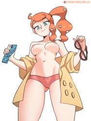 1girls alternate_version_available areolae belly big_breasts blue_eyes breasts cameltoe clothed clothing coat condom condoms female female_focus female_only ginger ginger_hair glasses hourglass_figure imminent_sex light-skinned_female light_skin low-angle_view nintendo orange_hair panties partially_clothed pokemon pokemon_ss ponytail smile smiling_at_viewer smug solo solo_female solo_focus sonia_(pokemon) tagme thick_thighs thighs tobias_wheller topless trenchcoat