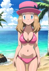 ai_generated ass_visible_through_thighs beach bikini blue_eyes blue_sky blush bow branch breasts brown_hair cleavage closed_mouth cloud cloudy_sky collarbone cowboy_shot day eyelashes female hat horizon island lake large_breasts leaf long_hair looking_at_viewer mountain navel ocean outdoors palm_leaf palm_tree pink_bikini pink_bow pink_headwear pink_ribbon plant pokemon potted_plant rock sand serena_(pokemon) shiny_skin shore sky smile solo standing sun_hat sweat swimsuit tree water