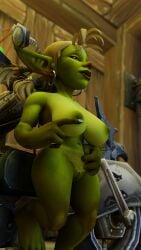 bleeding_dragon goblin goblin_female green_skin large_breasts motorcycle pubic_hair side_view solo_female tattoo teasing_nipple warcraft world_of_warcraft