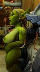 bleeding_dragon goblin goblin_female green_skin large_breasts motorcycle pubic_hair side_view solo_female tattoo teasing_nipple warcraft world_of_warcraft