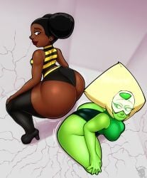 2girls ass big_ass blonde_hair bottom_heavy breasts bubble_butt bumblebee_(dc) clothing crossover dark-skinned_female dark_skin dc dc_comics fat_ass female female_only gem_(species) green_skin huge_ass human large_ass n-kosi n-kosi_(coloring) peridot_(steven_universe) shortstack steven_universe thick_ass thick_thighs twerking wide_hips