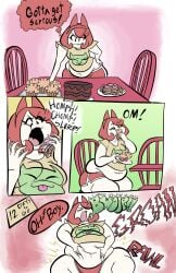 1girls bad_anatomy big_belly burp burping comic comic_page eating fat joekie3wl onomatopoeia original_character pearl_(joekie3wl) text text_bubble weight_gain