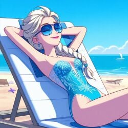 ai_generated beach disney disney_princess elsa elsa_(frozen) frozen_(film) frozen_2 one-piece_swimsuit sunbathing