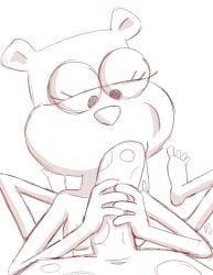 anthro cheek_bulge colorless concentrating concentration duo fellatio female genitals half-closed_eyes hi_res male male/female mammal marine narrowed_eyes nickelodeon on_model oral penile penis penis_in_mouth rodent sandy_cheeks sciurid sea_sponge sex simple_background spongebob_squarepants spongebob_squarepants_(character) tree_squirrel twitching vsdrawfag