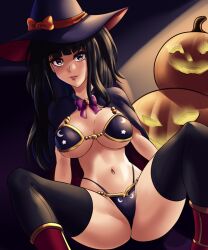 1girls alternate_costume bangs bare_midriff bare_thighs bikini black_hair cape cleavage crescent female female_only fire_emblem fire_emblem_awakening halloween halloween_costume hat leonart long_hair looking_at_viewer midriff moon nintendo pink_eyes pumpkin revealing_clothes smile solo spread_legs star star_(symbol) tharja_(fire_emblem) thighhighs thighs underboob witch witch_hat