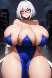 3_breasts ai_generated arms_behind_back bangs big_breasts blue_dress blue_eyes bob_cut bottomless breasts bursting_breasts choker city cleavage cleavage_overflow curvy embarrassed glasses huge_breasts laira_(tetra_ai) librarian lips loincloth massive_breasts multi_breast night no_panties overflowing_breasts party short_hair showing_off shy skimpy stable_diffusion tetra_ai thick_thighs voluptuous white_hair wide_hips