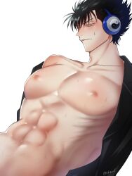 abs bare_chest big_pecs black_hair gintama headphones kawakami_bansai l_kei_l leather_jacket male male_focus male_only muscular muscular_male nervous off_shoulder open_clothes open_jacket pecs solo spiky_hair sweat sweatdrop yellow_eyes yin_yang