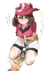 bad_id bad_twitter_id bandana between_legs bike_shorts blue_eyes blush breasts breath brown_hair closed_mouth collarbone creatures_(company) embarrassed fanny_pack female female_focus full_body game_freak gloves hand_between_legs hand_up highres japanese_text kurutsuki large_breasts looking_at_viewer may_(pokemon) nintendo nose_blush omorashi peeing peeing_self poke_ball_symbol poke_ball_theme pokemon pokemon_(game) pokemon_rse puddle red_headwear red_shirt reflection shirt short_hair short_sleeves simple_background solo squatting steam sweat talking tears translation_request urine wet wet_clothes wetting wetting_clothing white_background white_gloves