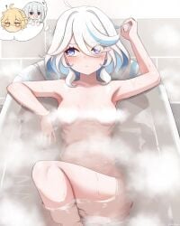 aether_(genshin_impact) bathing bathtub blue_eyes convenient_censoring furina_(genshin_impact) genshin_impact mockingeu paimon_(genshin_impact) two_tone_hair white_hair