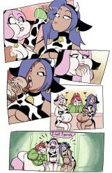 3girls bad_anatomy big_belly big_breasts comic comic_page eating fat fat_rolls huge_belly joekie3wl multiple_girls oc original_character pearl_(joekie3wl) text text_bubble thick_thighs weight_gain