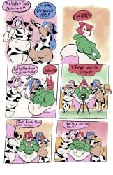 3girls big_belly comic comic_page eating huge_belly joekie3wl multiple_girls oc onomatopoeia original_character pearl_(joekie3wl) text text_bubble thick_thighs weight_gain