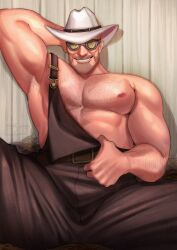 1boy bara bara_tiddies bara_tits buff covered_eyes cowboy_hat egabbacc engineer_(team_fortress_2) goggles hairy_male muscular_male overalls pinup solo_male suggestive team_fortress_2