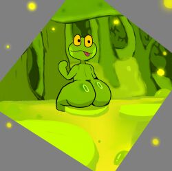 amphibian ass_focus big_butt big_eyes el_sick femboy fireflies frog green_skin green_water looking_back male_only nenuphar silly_face swamp tagme_(artist) yellow_eyes