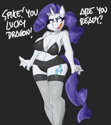 anthro big_breasts blue_eyes blue_eyeshadow bra breasts cutie_mark dialogue english_text equid equine eyeshadow female flutterthrash friendship_is_magic fur furry hasbro horn mammal my_little_pony panties purple_hair purple_tail rarity_(mlp) tail text unicorn white_body white_fur