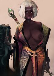 alexisflower big_breasts breasts dark-skinned_female dark_skin elf elf_female female pinup white_hair