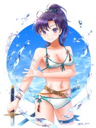 1girls absurdres alternate_costume bikini breasts cleavage female female_only fir_(fire_emblem) fire_emblem fire_emblem:_the_binding_blade grin highres holding holding_sword holding_weapon looking_at_viewer medium_breasts nintendo partially_visible_vulva ponytail purple_hair sideboob smile solo swimsuit sword teeth tsukimura_(d24f4z8j3t) water weapon white_bikini white_swimsuit