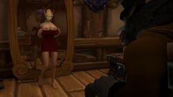 big_breasts blood_elf blood_elf_female clothed dress exposing_breasts flashing_breasts kaelatheelf kaelscorner male warcraft worgen worgen_male world_of_warcraft