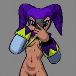 1girls anthro digital_media_(artwork) exposed_pussy gray_background nights nights_into_dreams nude_selfie partially_clothed pixel_art purple_clothing purple_eyes rafaknight-rk sega selfie small_breasts solo vhs_filter