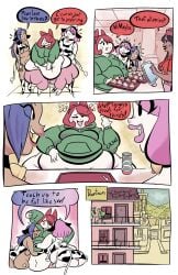 4girls bad_anatomy comic comic_page fat fat_rolls huge_belly huge_breasts joekie3wl multiple_girls oc onomatopoeia original_character pearl_(joekie3wl) stomach_noises thick_thighs weight_gain