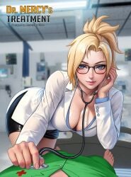 1boy 1boy1girl 1girls activision aether_(genshin_impact) ahoge alexander_dinh alternate_version_available angela_ziegler antenna_hair big_breasts black_skirt blizzard_entertainment blonde_hair_female blonde_hair_male blue_eyes blue_shirt breasts cleavage cover cover_page crossover curvy deep_cleavage digital_media_(artwork) doctor doctor_on_patient down_blouse eyebrows eyelashes female fit genshin_impact glasses hips hospital hoyoverse human labcoat legs light-skinned_female light-skinned_male light_skin looking_at_viewer male male/female male_pov mercy mihoyo mihoyo_technology_(shanghai)_co._ltd. miniskirt nurse on_back overwatch overwatch_2 patient pencil_skirt pov slender_waist slim slim_waist stethoscope straight swiss swiss_female upper_body waist wide_hips