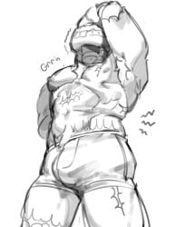1boy anthro bulge bulge_through_clothing five_nights_at_freddy's five_nights_at_freddy's_3 fnaf gay gay_male humanoid kogito male male_only monochrome mostly_clothed rabbit scars scars_all_over solo solo_focus springtrap springtrap_(fnaf) yaoi