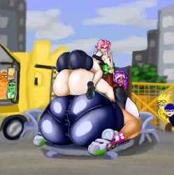 3boys 3girls ari_(skankingsalmonid) ass_bigger_than_head ass_focus ass_stack ass_tower backboob beefmaster big_ass big_breasts boob_window bottomless breasts_bigger_than_head clothed female huge_ass huge_breasts hyper_ass hyper_breasts inkling inkling_boy nintendo no_bra no_underwear octoling octoling_girl public_exposure pussy_visible_through_clothes sideboob splatoon splatoon_2 splatoon_3 teasing topwear