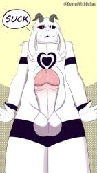 anthro asriel_dreemurr asriel_dreemurr_(god_form) black_sclera bodily_fluids bovid caprine command fur genital_fluids genitals goat goated grey_horn hi_res horn imminent_blowjob leaking_penis leaking_precum male male_only mammal markings nipples penis precum signature simple_background solo throbbing_penis undertale undertale_(series) white_body white_fur yellow_background