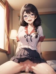 ai_generated black_hair cowgirl_position glasses hanekawa_tsubasa monogatari_(series) naoetsu_high_school_uniform no_panties round_glasses school_uniform skirt_lift twin_braids