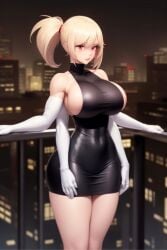 4_arms ai_generated biceps big_breasts black_dress blonde_hair city cityscape curvy female gloves klia_(tetra_ai) long_gloves multi_arm multi_limb night party sideboob sleeveless sleeveless_dress stable_diffusion tetra_ai tight_clothing tight_fit toned toned_female turtleneck