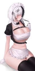 1girls big_breasts black_hair breasts female goth_girl hi_res hololive hololive_english hololive_english_-advent- large_breasts maid maid_headdress maid_outfit naughty_face prab shiori_novella thighs two_tone_hair virtual_youtuber white_hair yellow_eyes